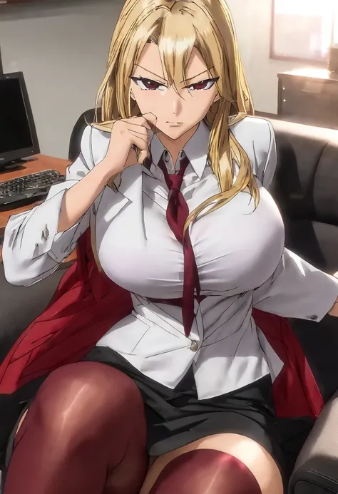 (((1girl))), reika kurashiki from saimin seishidou, blonde hair, angry expression, siting on couch, in personal office, sunset l...