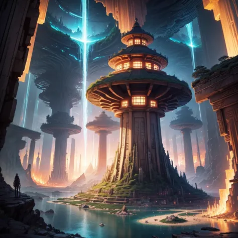 Best Quality，8k，Huge underground city，Underground Labyrinth，Anime Art，mysterious，Super huge structure，Super huge torii，Multidimensional，A world beyond imagination，High Dimension，Fantasy，Different space，Nature，romantic，A world beyond imagination，Dream world...