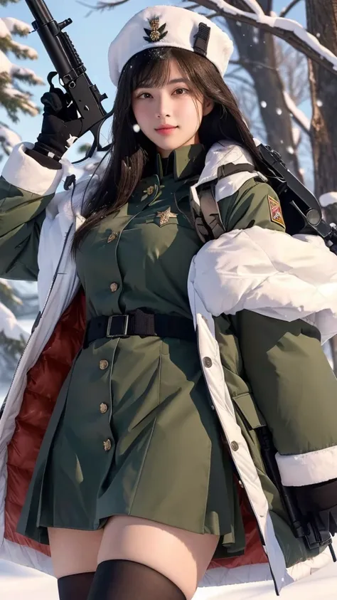 a woman in a uniform holding a rifle in the snow, detailed 