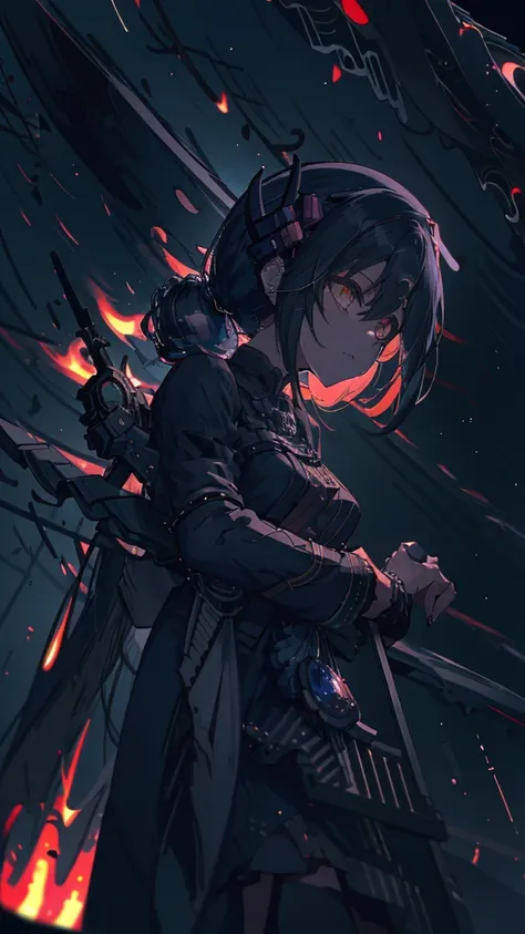 Anime girl with guitar and microphone in front of a crowd, Nightcore, Satanic atmosphere, Burning, Rorish, Gap Moe Yandere Grimdark, emo anime girl, Gothic Maiden Anime Girl, everyone, Goscoax, Art for Dark Metal Music, Inspired by Len Bonian, Anime girl i...