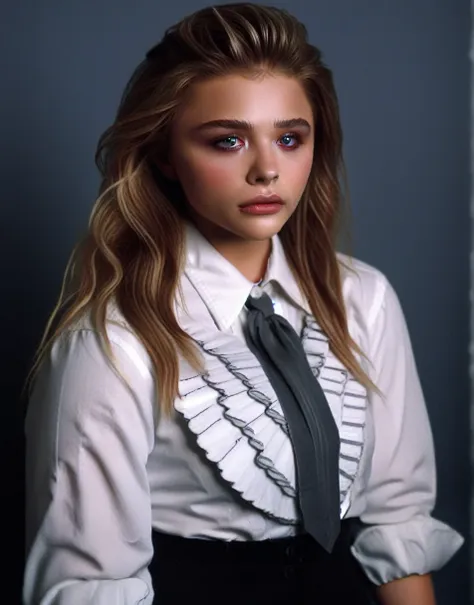 chloegracemoretz, (art by grandma moses:1.1) , large full-body shot woman standing in a college, extraordinary trendy hair, spec...