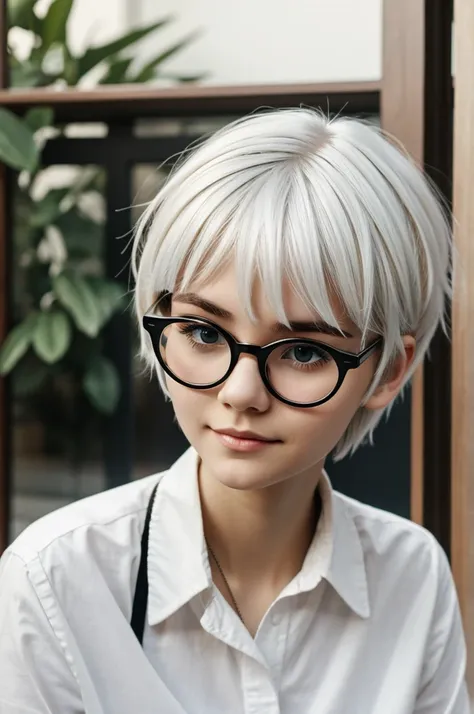 young girl, short hair, white hair color, round glasses, color of black glasses 