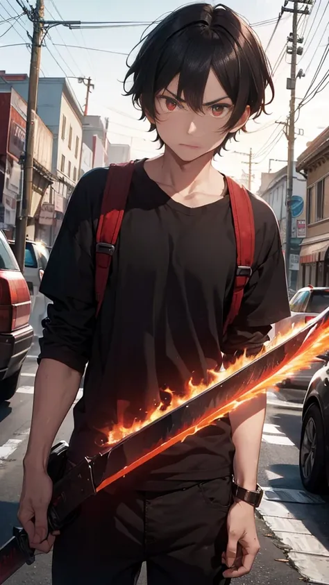 21 year old young man, angry appearance, Eyes red, blackw, wavy short hair, Caucasian skin, clothes worn out by time, a red sword on the back, 1,78 tall.