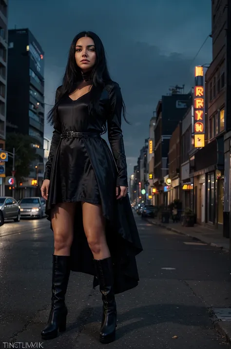 book cover: fantastical setting, luminous night in urban fantasy, young woman in short dress, long silky and shiny black hair, slim and elegant in her heeled boots, A black wolf is by your side, He is your protector and companion, Scenery is a city at nigh...