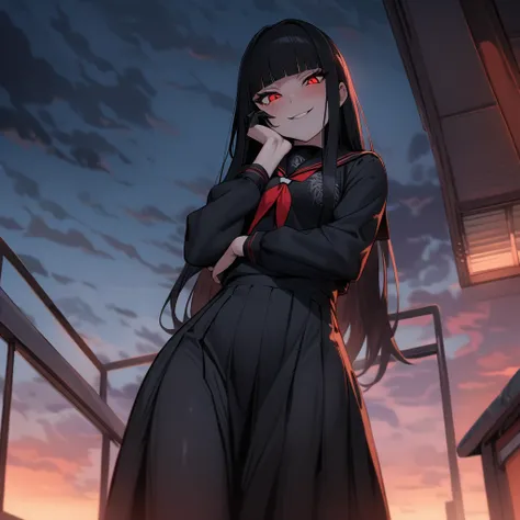 (masterpiece,best quality,very aesthetic),(ultra-detailed),(atlach-nacha,degenerate),1girl,20yo,Statuesque,curvy,tall,long hair, black hair,straight hair,(blunt bangs),beautiful red eyes,smirk,(Ruthless smile),look down on with disdain,black serafuku in wi...