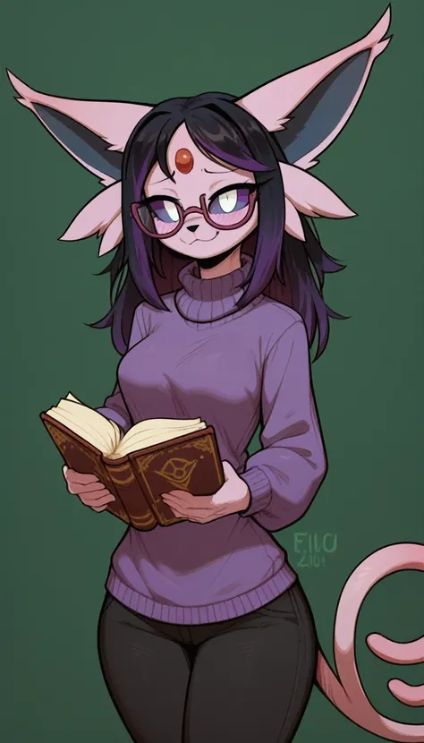 Excited expression, 1girl, anthro, furry, fur, fluffy fur, espeon girl, purple hair (black highlights), purple sclera, white eyes, pony tail hair, straight hair, (19 years), medium breast, thicc thighs, solo, (green background), detailed, smug smile, purpl...