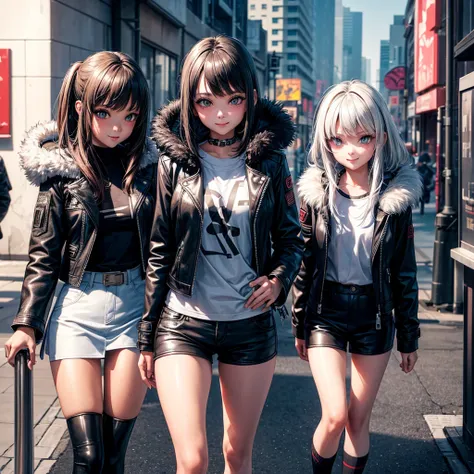 middle School girls，smile，Beautiful girlultiple girls，ＳＦfashion，Cyberpunk Girl，evolution，Beyond，Angelic beautiful girl，fur jacket，leather jacket，I&#39;m horny，Best Quality，perfectionな女の子，Super cute girl，Long Hair、She has her bangs down，最新fashion，未来のfashion...