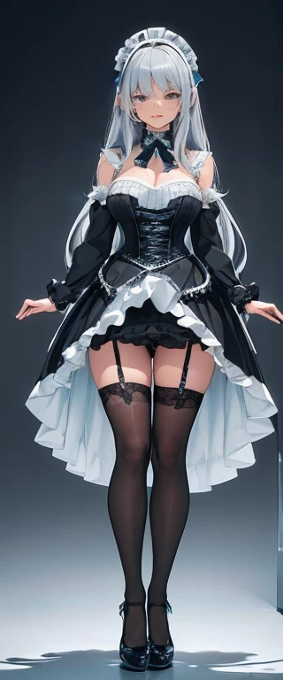 (long beautiful gray hair) cyan eyes, (Eyes behind long bangs) breasts big, standing pose, hands behind the back,  (wearing stockings) perfect beautiful and shiny cyan shoes (Wearing luxurious black palace maid clothes Perfect perfect noble)  side pose (Gi...