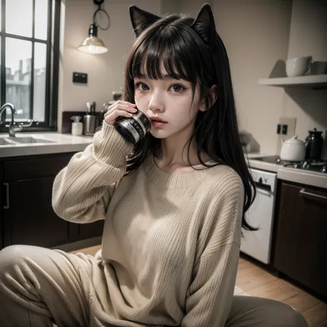 ((best qualityer)), ((work of art)), (detailded),cute japanese,((1girl)),alone,18 years old, ((porcelain cut white skin)),((black eyes)),(black long wavy hair,with bangs),((flushed skin)),,(Alone), (a detailed full-body RAW photo of a girl), (Artwork: 1), ...