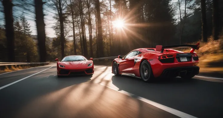 Sports car photos，A red sports car，amazing，Drive on the highway，Car side，Showing speed and passion，Red photos，detail强化，blur background/Bokeh，Bright with natural light，Ray Tracing，Sunset sky，forest，Hill in the distance，Highly detailed environments，Low depth...