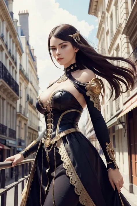 Photo of (( )), wearing chic dress steampunk items, modern day Paris , intricate, chic, highy detailed, digitalpainting, art station, conceptual artwork, Soft, sharp focus, Illu0.8action, arte de artgerm y greg rutkowski y alphonse mucha