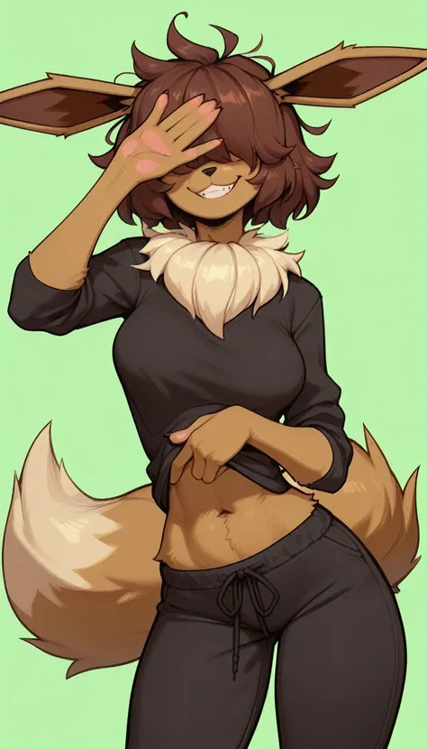 Excited expression, 1girl, anthro, furry, fur, fluffy fur, eevee girl, brown hair, short hair, messy hair, (19 years), medium breast, thicc thighs, solo, (green background), detailed, smug smile, (hair covering eyes), black shirt, baggy pants (black pants)...