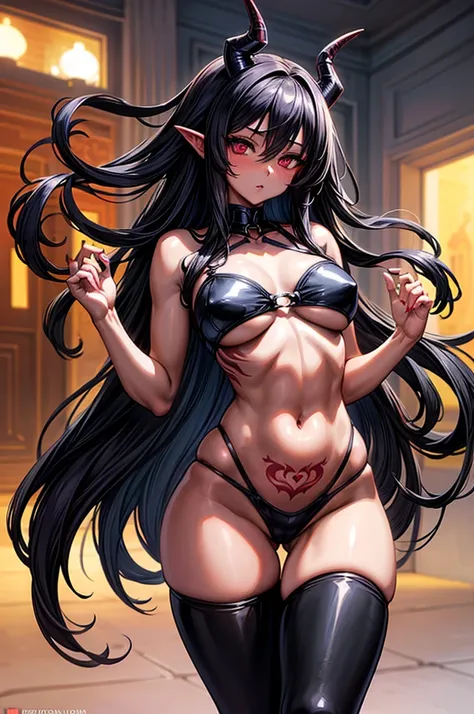 masterpiece, super detailed, high resolution, precision art, highly seductive anime girl. sexy and alluring, flawless red demonic skin, succubus, symmetrical face, beautiful olive eyes, flowing black hair, her very presence oozes seduction and allure, S-sh...