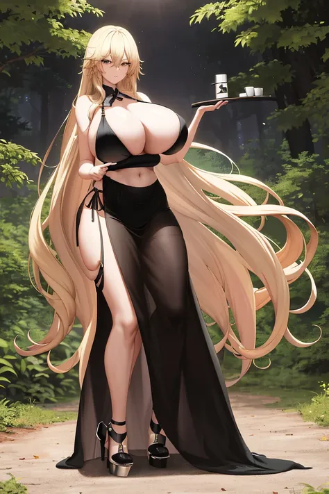 a woman，long blond hair，black eyes，in the forest，wearing a black bikini，cheongsam，long legs，nipple protrusion，twenties，exposed，b...