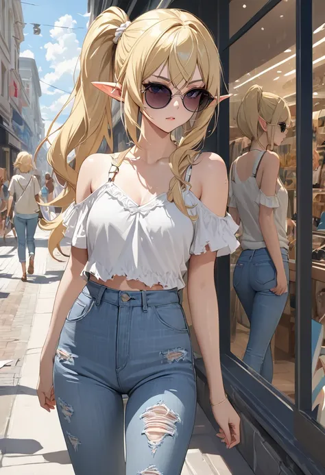 blonde hair, side ponytail, sunglasses, pointy ears, anime style, masterpiece, accurate, textured skin, high quality, best quality, highres, high details, super detail, elf, Casual clothing, summer clothes, walking on the street, A woman wearing damaged je...