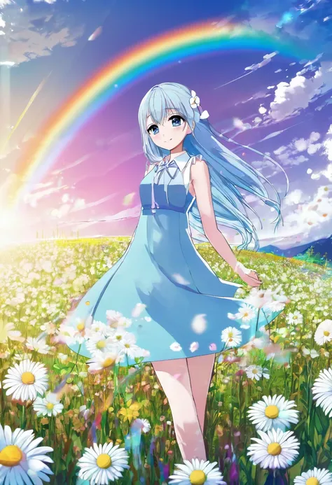 anime girl in a blue dress standing in a field with a rainbow in the sky, light blue long hair、smile、big vibrant rainbow、a field...