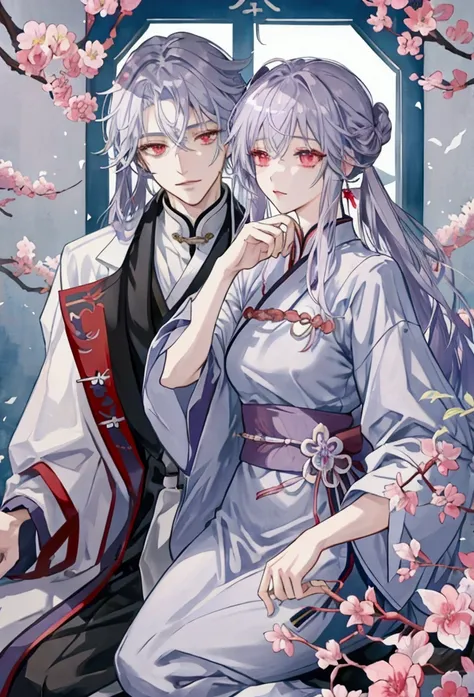 派手なSilver Hairのmale二人、watercolor、Line art only、The one on the right has red eyes、The one on the left has purple eyeale二人、Silver Hair、Contains mesh、male、No breasts。右側の人はmale