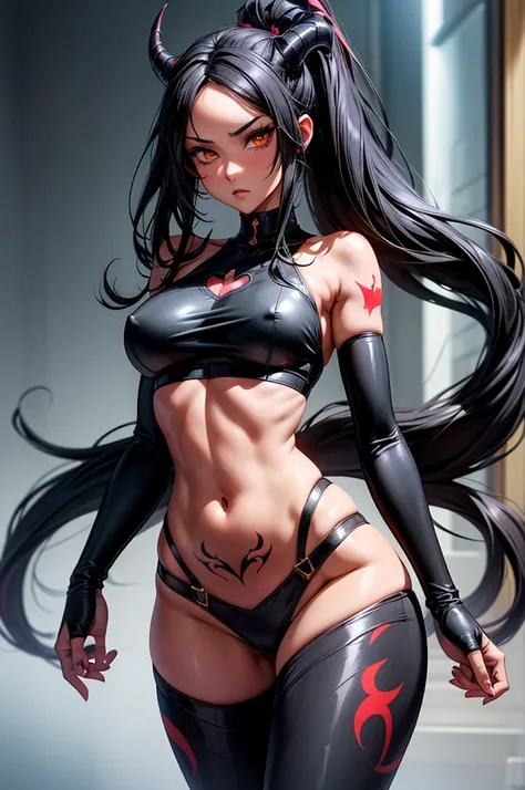 masterpiece, super detailed, high resolution, precision art, highly seductive anime girl. sexy and alluring, flawless red demonic skin, succubus, symmetrical face, beautiful olive eyes, flowing black hair, her very presence oozes seduction and allure, S-sh...