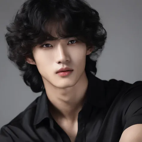 20 years old korean men with  swallow perm hairstyle(black hair)hair, wearing black transparent shirt and elegant attractive eyes with modelic face , High quality