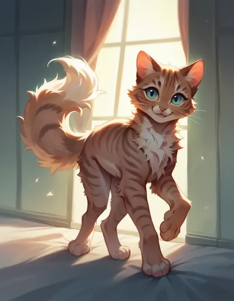 Fluffy kitty, full length cat girl, Cat Girl, Three-Quarter Pose, detailed face, Dynamic lighting, Great quality, smile, detailed character design, chest with fur, fluffy fur