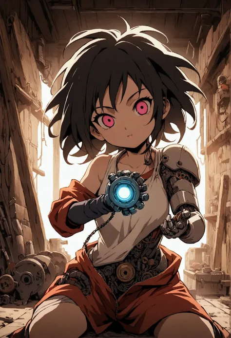 Anime-style illustration, Naruto + Arlequina teen girl dbz with blak red oversized clothing, merging as a mechanic with robotic parts interspersed within his human form, dynamic pose wrench in hand, workshop background cluttered with machinery, oil stains,...