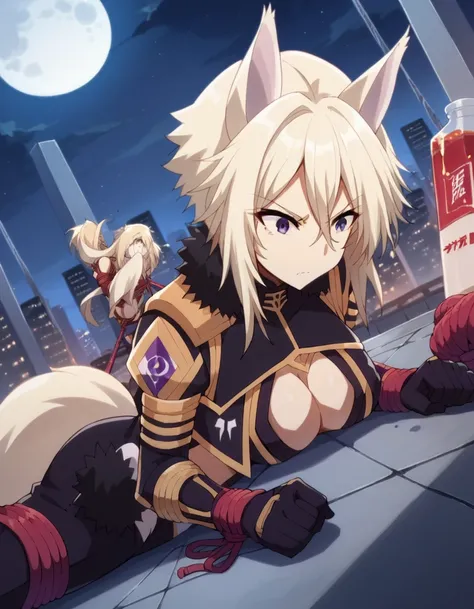 score_9, score_8_superior, score_7_superior, sauce_anime,
shadowZeta, Zeta, Animal ears, Purple eyes, Blonde,
gloves, Cleavage, tail, black gloves, Clothing cutouts, Cleavage cutout,
Outdoor, Cityscape, night, moon,Tied up with rope,Lying down,Struggling,