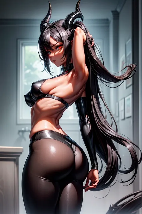 masterpiece, super detailed, high resolution, precision art, highly seductive anime girl. sexy and alluring, flawless red demonic skin, succubus, symmetrical face, beautiful olive eyes, flowing black hair, her very presence oozes seduction and allure, S-sh...