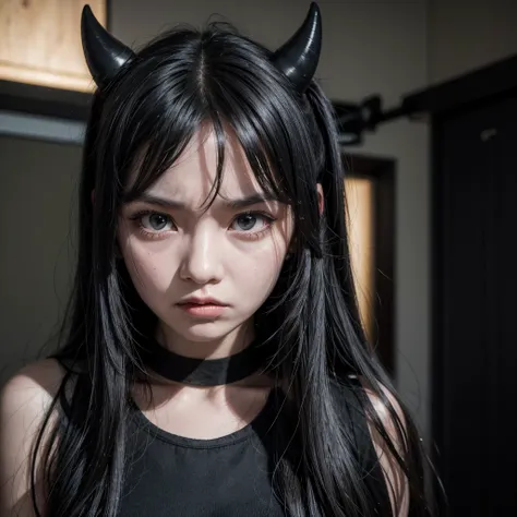 Woman, long black hair, little horns, angry face, deformed face, black dress