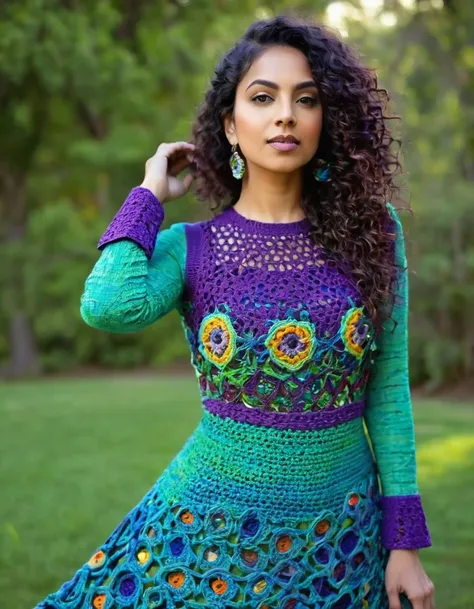 a woman wearing a blue and green crocheted top with a purple background, an album cover inspired by Ambreen Butt, pinterest contest winner, process art, intricate fantasy dress, intricate dress, colorful dress, full covered dress, renaissance colorful dres...