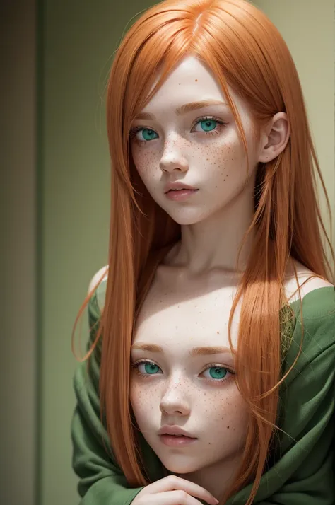 Character with red-blonde hair with green eyes and freckles 