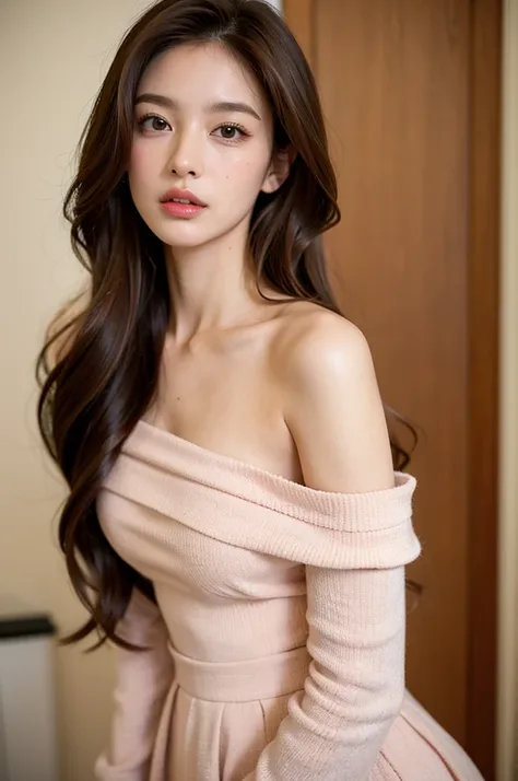 ((Highest quality)), ((masterpiece)), (detailed), breast enhancement, Brown Hair, Long Hair, Beautiful Face, clear, 白いclearな服装, Small Bust,one piece,