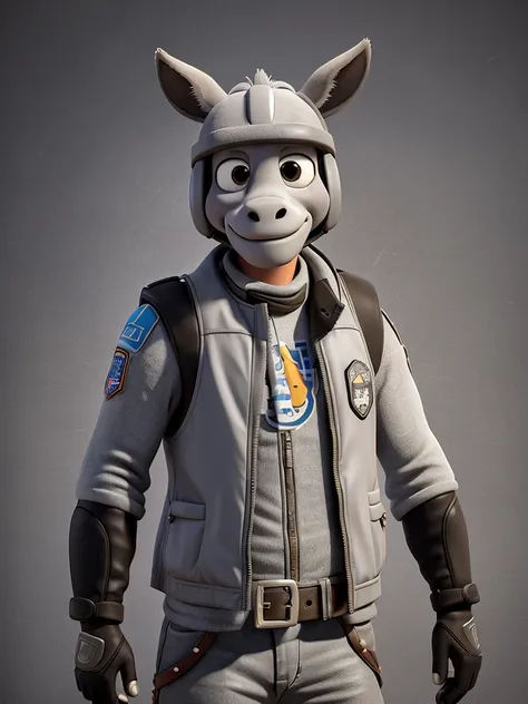 
"Create an image of a light gray donkey wearing a motorcycle vest. The vest must have details typical of motorcyclists, such as badges and patches. The scene must be simple to highlight the donkey and its vest."