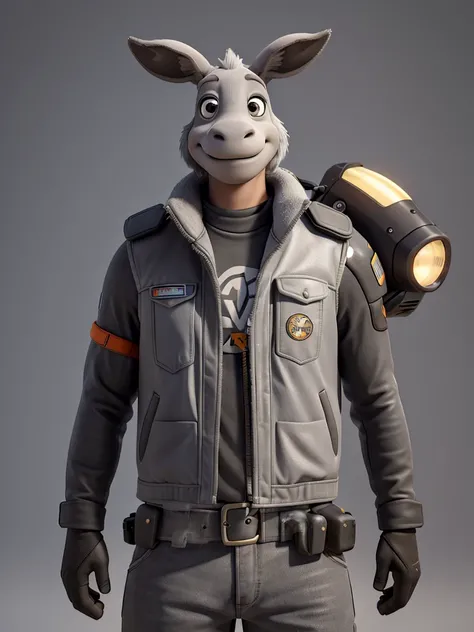 
"Create an image of a light gray donkey wearing a motorcycle vest. The vest must have details typical of motorcyclists, such as badges and patches. The scene must be simple to highlight the donkey and its vest."