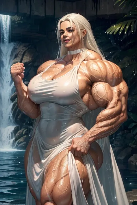 ((((Massive tall, beautiful, buff, wet, light brown skinned muscular woman with wet white hair, black lipstick, ginormous bulky muscles and wearing a beautiful white long dress)))), close view, massive muscle, massive biceps, hyper muscle shoulders, muscul...