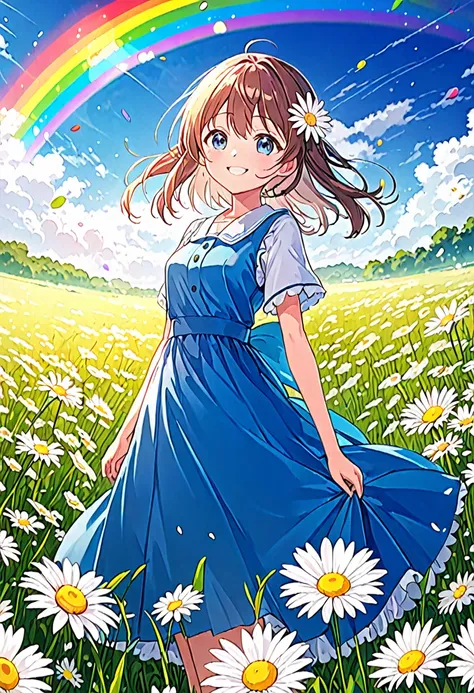 Anime girl in a blue dress standing in a field with a rainbow in the sky, smile、Big vibrant rainbow、A field of white daisy flowers、4K Manga Wallpapers, Anime Style 4k, Anime Art Wallpapers 8K, anime art wallpaper 4k, anime art wallpaper 4k, Beautiful Anime...