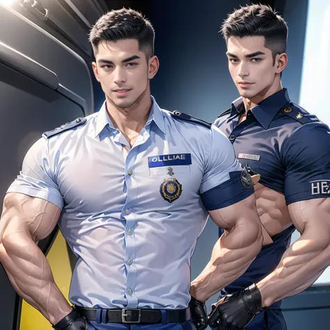 handsome man,(crew cut short hair:1.2),black eye,smile,open mouth (navy police uniform:1.2),(shirt short sleeves:1.2),collar,(sh...