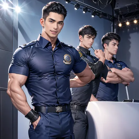 handsome man,(crew cut short hair:1.2),black eye,smile,open mouth (navy police uniform:1.2),(shirt short sleeves:1.2),collar,(sh...