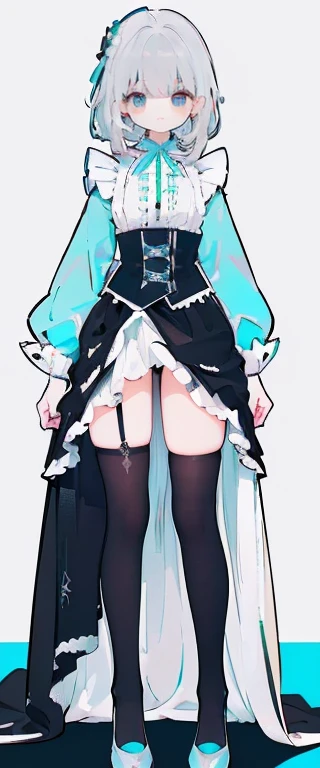 (long beautiful gray hair) cyan eyes, (Eyes behind long bangs) breasts big, standing pose, hands behind the back,  (wearing stockings) perfect beautiful and shiny cyan shoes (Wearing luxurious black palace maid clothes Perfect perfect noble)  side pose (Gi...