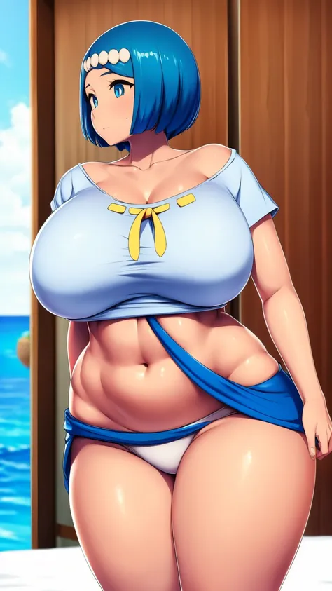 A sexy Hawaiian girl, beautiful, big breast, beautiful, bright blue hair, round cut, her blue eye, she wears a white shirt, shows her navel, and a long blue skirt.