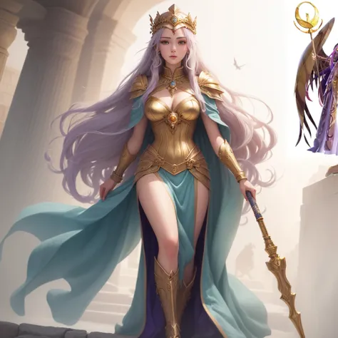 a woman in a purple dress holding a golden staff and a golden shield, the god athena, golden goddess athena, greek goddess athena, Anime goddess, athena goddess of wisdom, Venus goddess Athena, ((a beautiful fantasy empress)), mystical atlantean valkyrie, ...