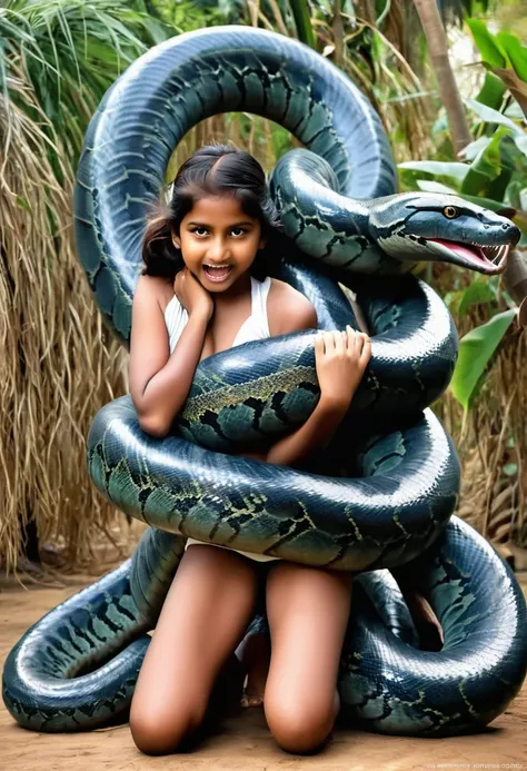 happy horny, aroused 1girl), beautiful  kneeling indian  young teen girl with  giant colossal kaa monster squeezing her hard, wr...