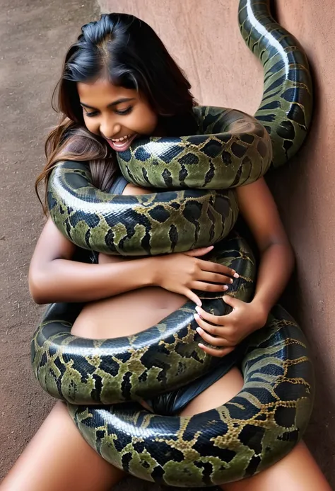  Happy Horny, aroused 1girl), beautiful   Indian  young teen girl with  giant colossal Kaa monster squeezing her hard, wrapped in thick spiraling coils, constricted, struggle, gasping for air, snake attack, snake peril,