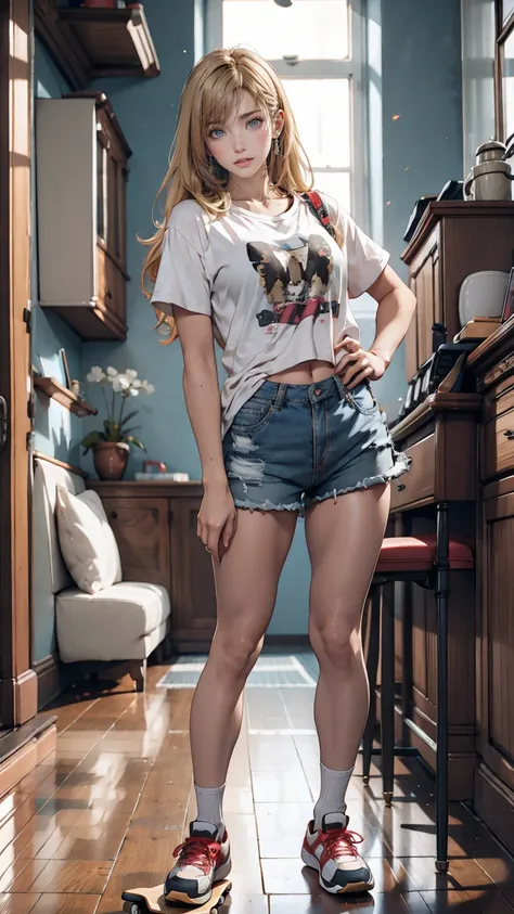 girl, skateboard, Grey-haired blonde、19-year-old female、Oversized T-shirt、Shorts、sneakers、skateboardを小脇に抱える