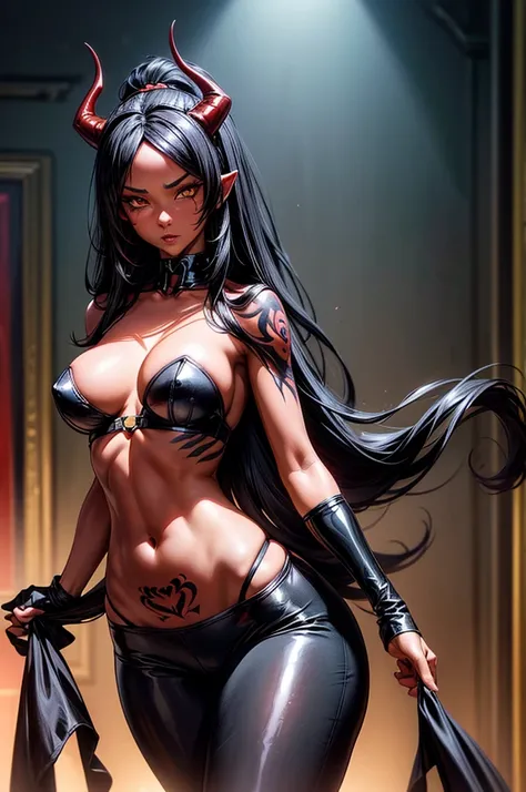 masterpiece, super detailed, high resolution, precision art, highly seductive anime girl. sexy and alluring, flawless red demonic skin, succubus, symmetrical face, beautiful olive eyes, flowing black hair, her very presence oozes seduction and allure, S-sh...