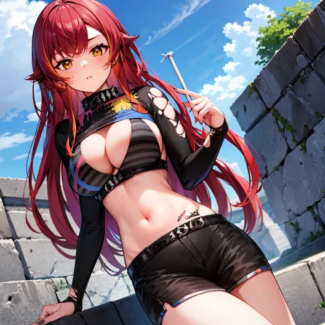 aatsuna, long hair, multicolored hair, large breasts, black collar, cleavage, striped bikini, black shirt, torn clothes, long sleeves, midriff, black belt, black shorts, short shorts