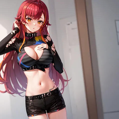 aatsuna, long hair, multicolored hair, large breasts, black collar, cleavage, striped bikini, black shirt, torn clothes, long sleeves, midriff, black belt, black shorts, short shorts