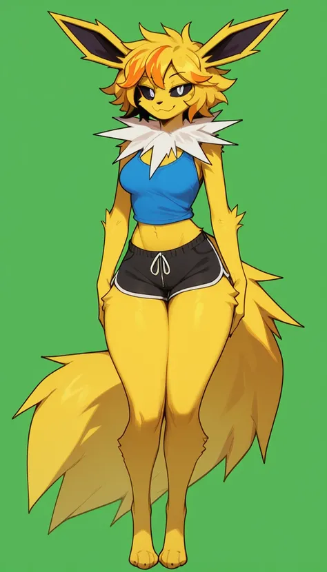 Seductive expression, 1girl, anthro, furry, fur, fluffy fur, jolteon girl, white neck tuft, yellow hair (Orange highlights), black sclera, white eyes, short hair, Messy hair, (19 years), medium breast, thicc thighs, solo, (green background), detailed, smug...