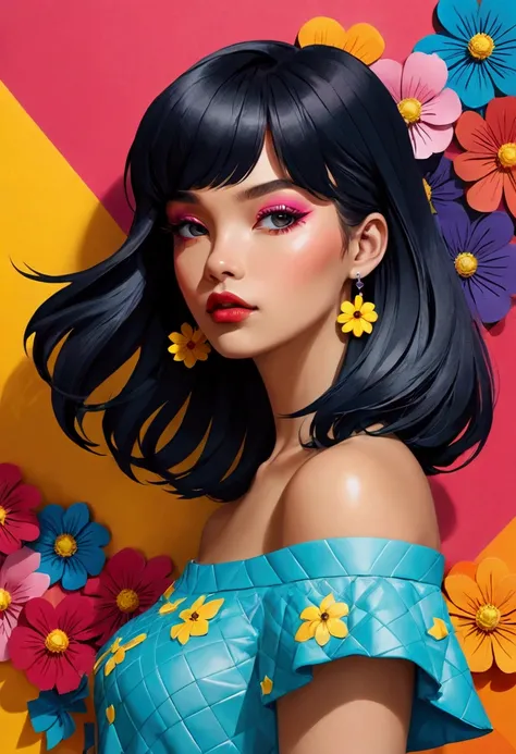 Featuring a dynamic and confident woman，She wears bold makeup，Wear colorful T-shirts, Bare shoulders, Ruffled sleeves, neck ribbon，Jewelry Earrings, Long hair, Looking at the audience, Bangs, Low rise denim shorts, Surrounded by vintage flower motifs, Vibr...