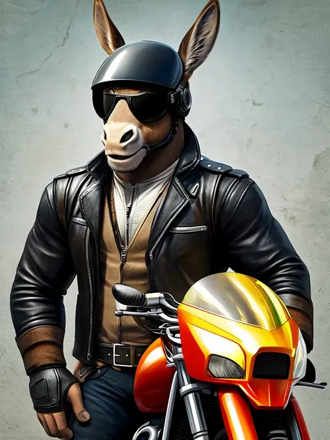 “Create an image of a donkey wearing a black leather motorcycle vest, wearing a motorcycle helmet and aviator glasses. Make sure the donkey is prominent and the vest details, helmet and glasses are clearly visible. The background must be simple to highligh...