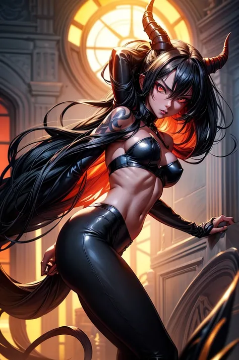 masterpiece, super detailed, high resolution, precision art, highly seductive anime girl. sexy and alluring, flawless red demonic skin, succubus, symmetrical face, beautiful olive eyes, flowing black hair, her very presence oozes seduction and allure, S-sh...